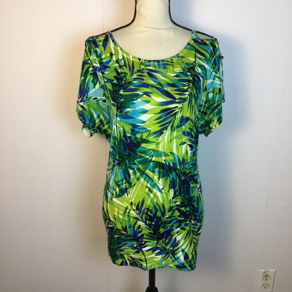 Cache Knit Top Sweater Sz XS Womans Green Blue Floral Knit Studded Short Sleeve - Picture 1 of 13